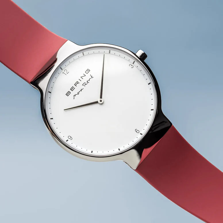 BERING Gents Max René Collection Silver Case White Dial Silicone Red Strap 15540-500