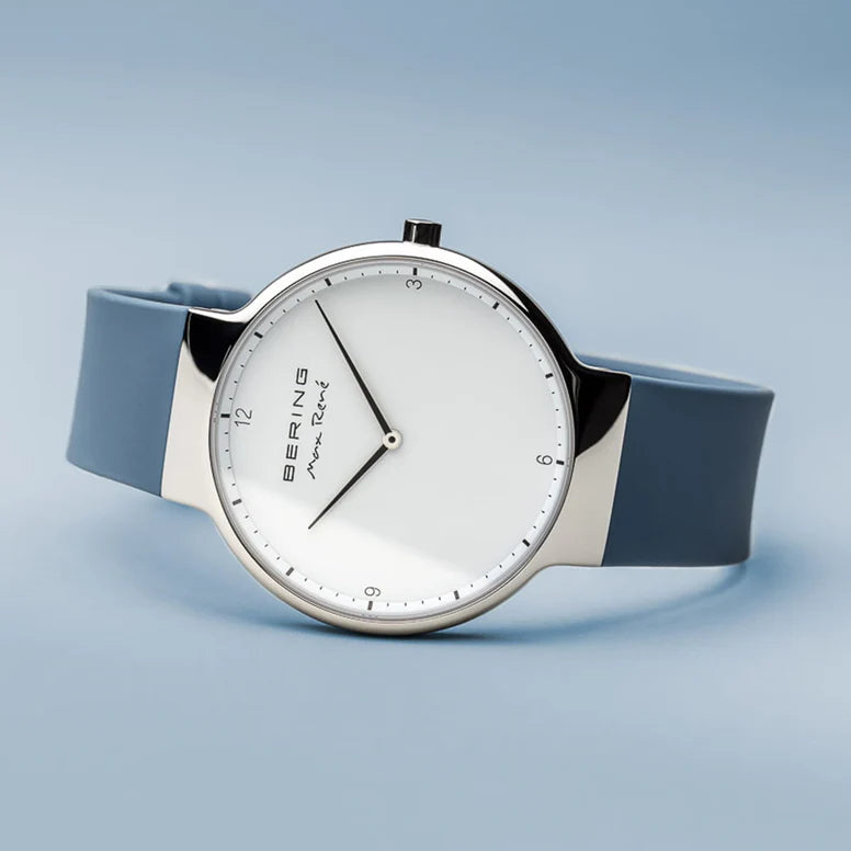 BERING Max René polished silver 31mm dial with blue silicone strap 15540-700