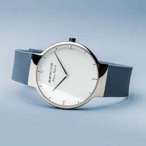 BERING Max René polished silver 31mm dial with blue silicone strap 15540-700