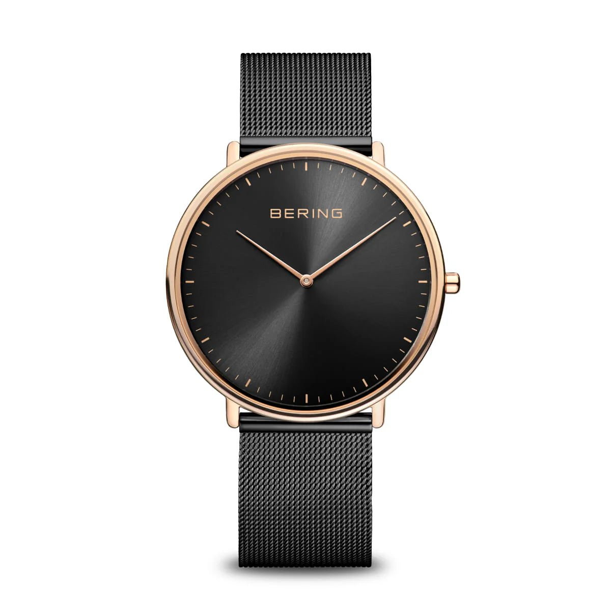 BERING Ultra Slim Black and Rose Gold 39mm Milanese Strap 15739-166