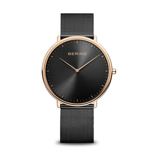 BERING Ultra Slim Black and Rose Gold 39mm Milanese Strap 15739-166