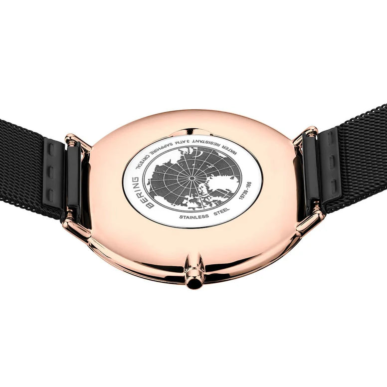 BERING Ultra Slim Black and Rose Gold 39mm Milanese Strap 15739-166