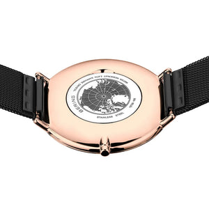 BERING Ultra Slim Black and Rose Gold 39mm Milanese Strap 15739-166