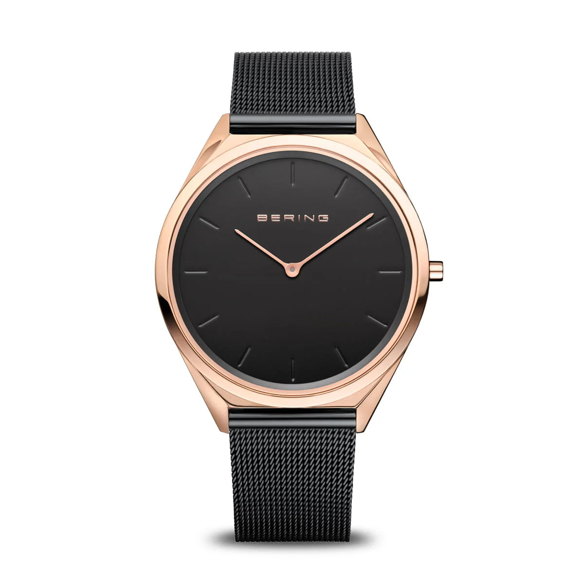 BERING Ultra slim polished rose gold black mesh 17039-166