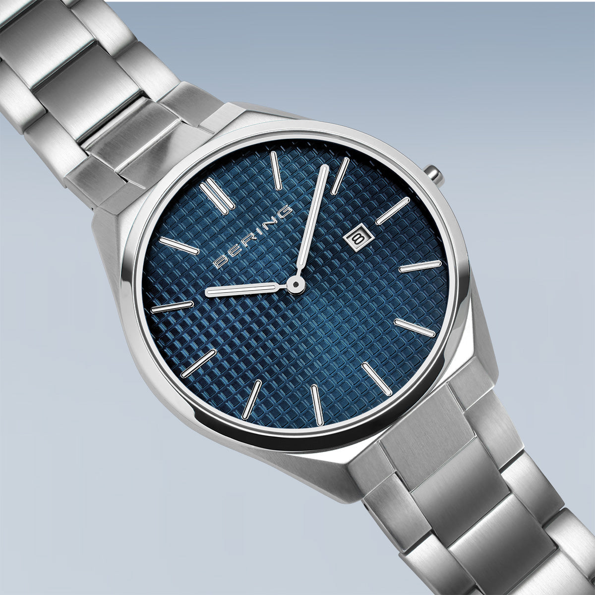 Bering Ultra Slim 40mm Blue Dial Polished Silver Strap Watch