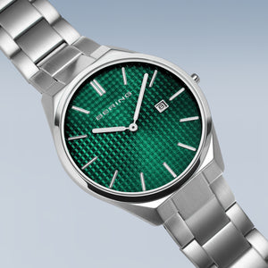 Bering Ultra Slim 40mm Green Dial Polished Silver Strap Watch