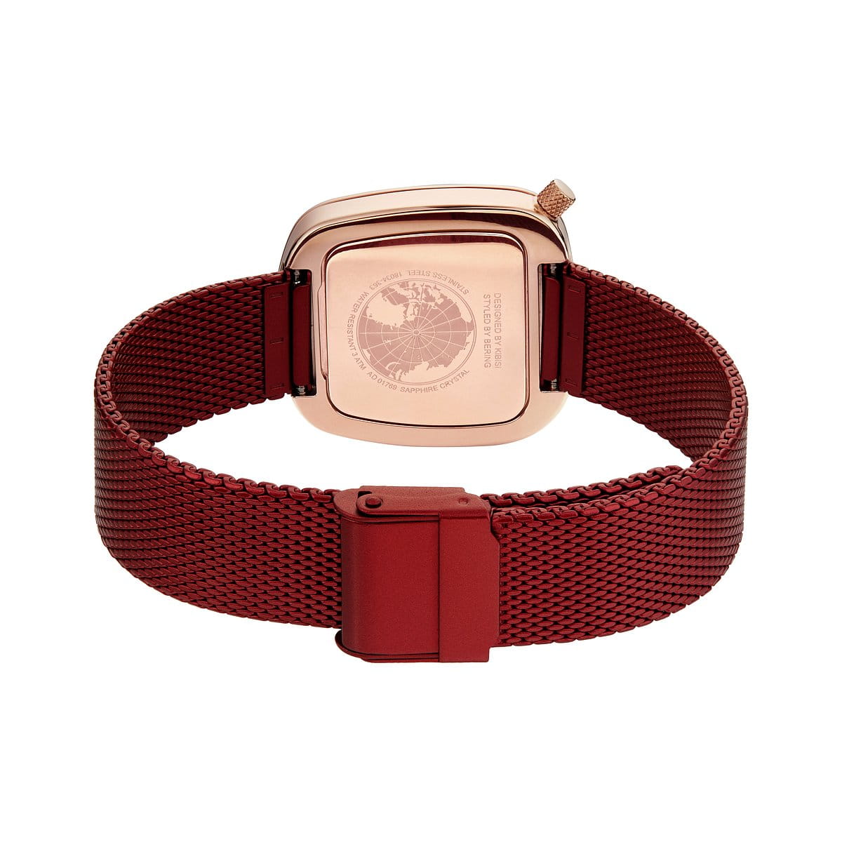 BERING Red Pebble Polished Rose Gold Ladies Watch 18034-363