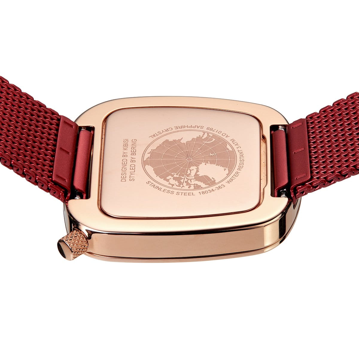 BERING Red Pebble Polished Rose Gold Ladies Watch 18034-363