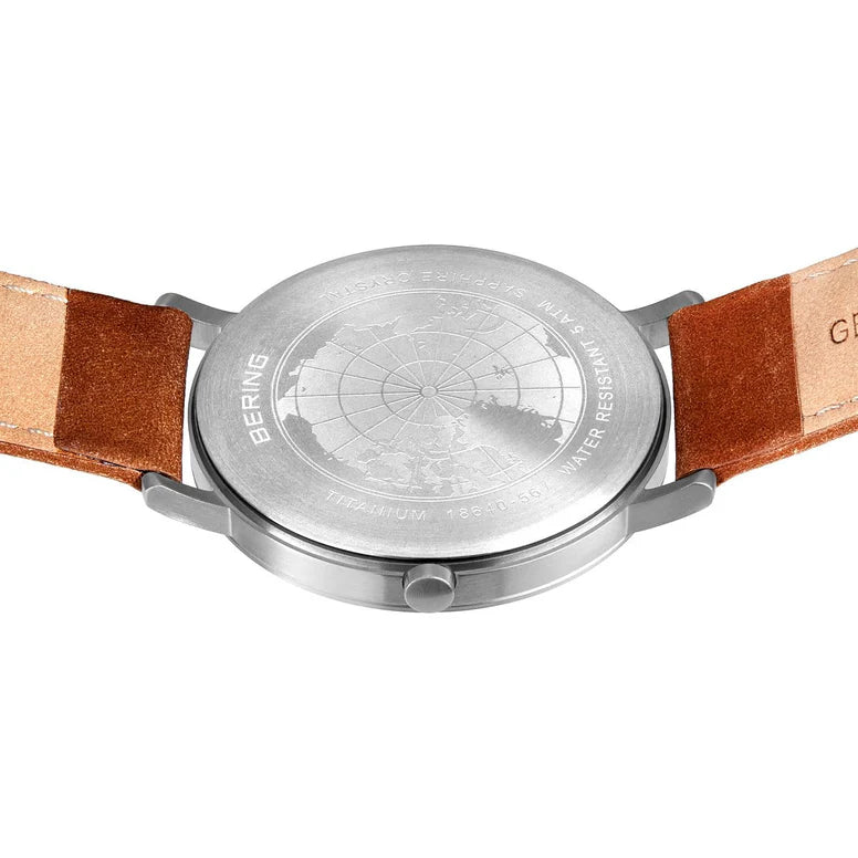 BERING Titanium Brushed Silver Blue 40mm Dial Leather Band 18640-567