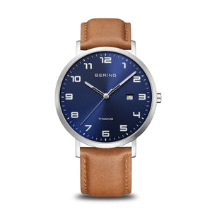 BERING Titanium Brushed Silver Blue 40mm Dial Leather Band 18640-567