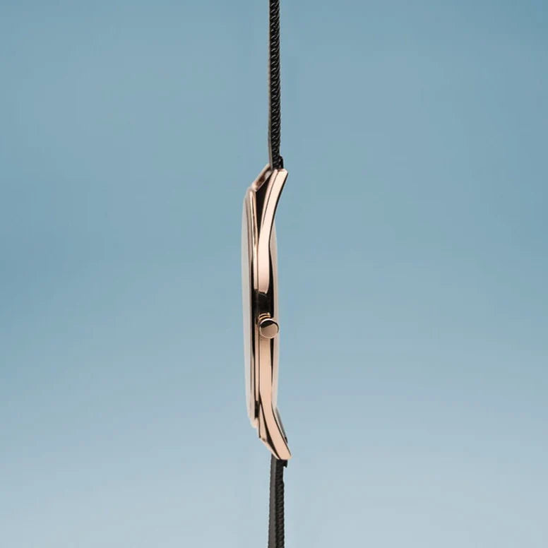 BERING Ultra slim polished rose gold black mesh 17039-166