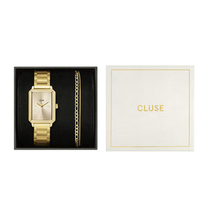 CLUSE Fluette Full Gold Watch & Double Chain Bracelet Gift Set