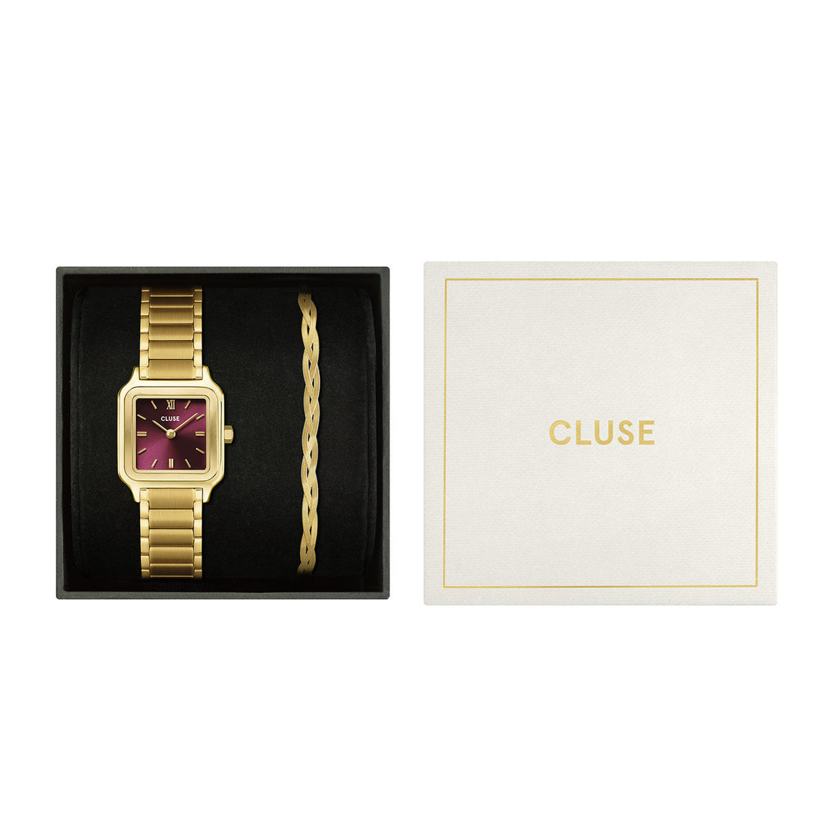 CLUSE Gracieuse Petite Dark Cherry Gold Watch &amp; Braided Snake Bracelet Gift Set