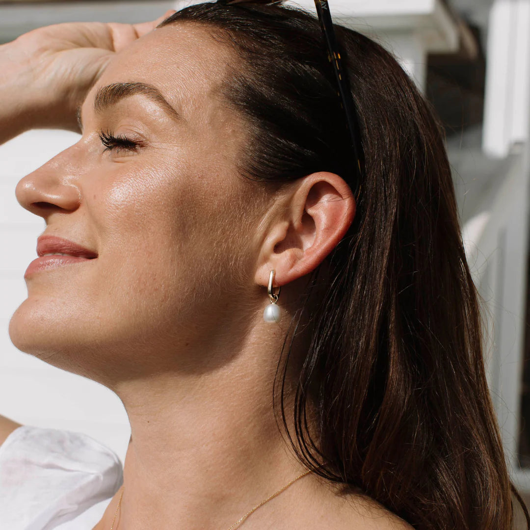 9K Rectangular Hoop Pearl Drop Earrings