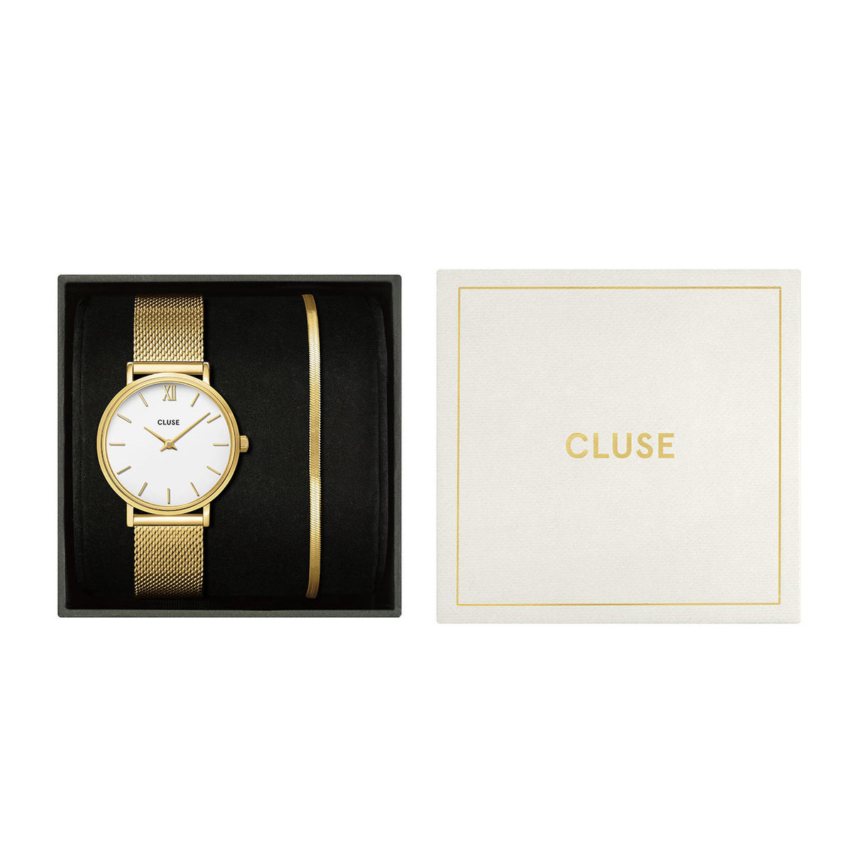 CLUSE Minuit Gold Mesh Watch &amp; Flat Snake Bracelet Gift Set