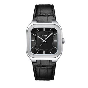 CLUSE Quadrus Black Leather/Silver Watch