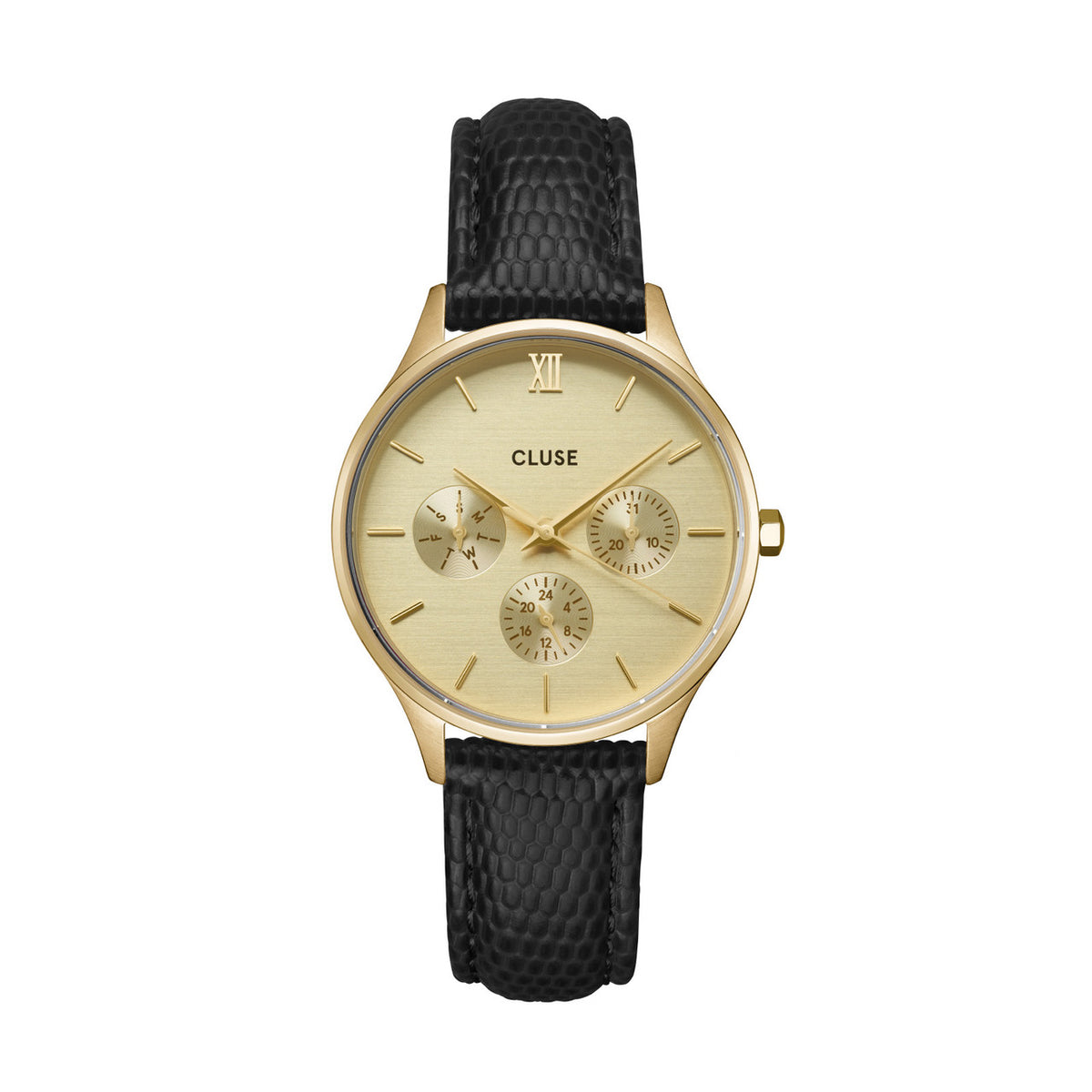 CLUSE Minuit Multifunction Black Lizard / Gold Watch