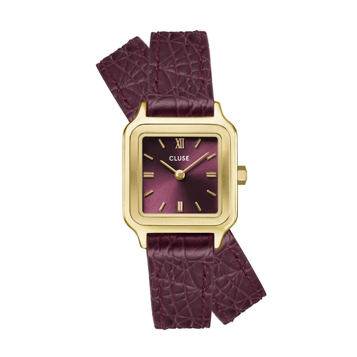 CLUSE Gracieuse Petite Double Strap Wine Croc Leather/Gold Watch