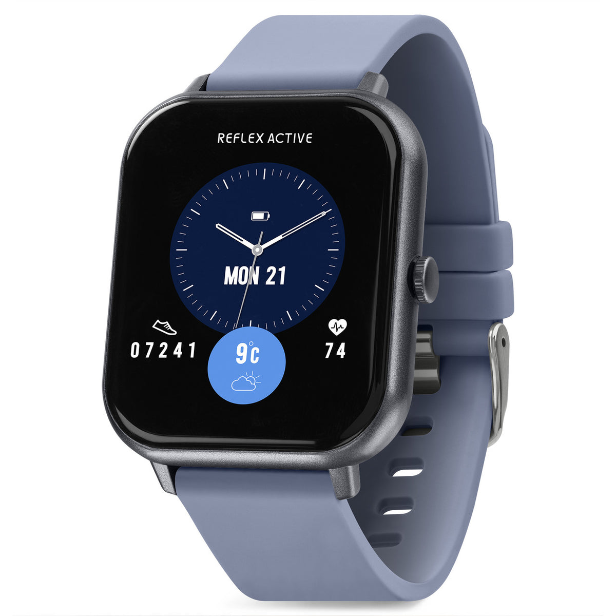 Reflex Active SERIES Nexus Lite Denim Blue Strap smartwatch displaying time and fitness stats in finest quality.