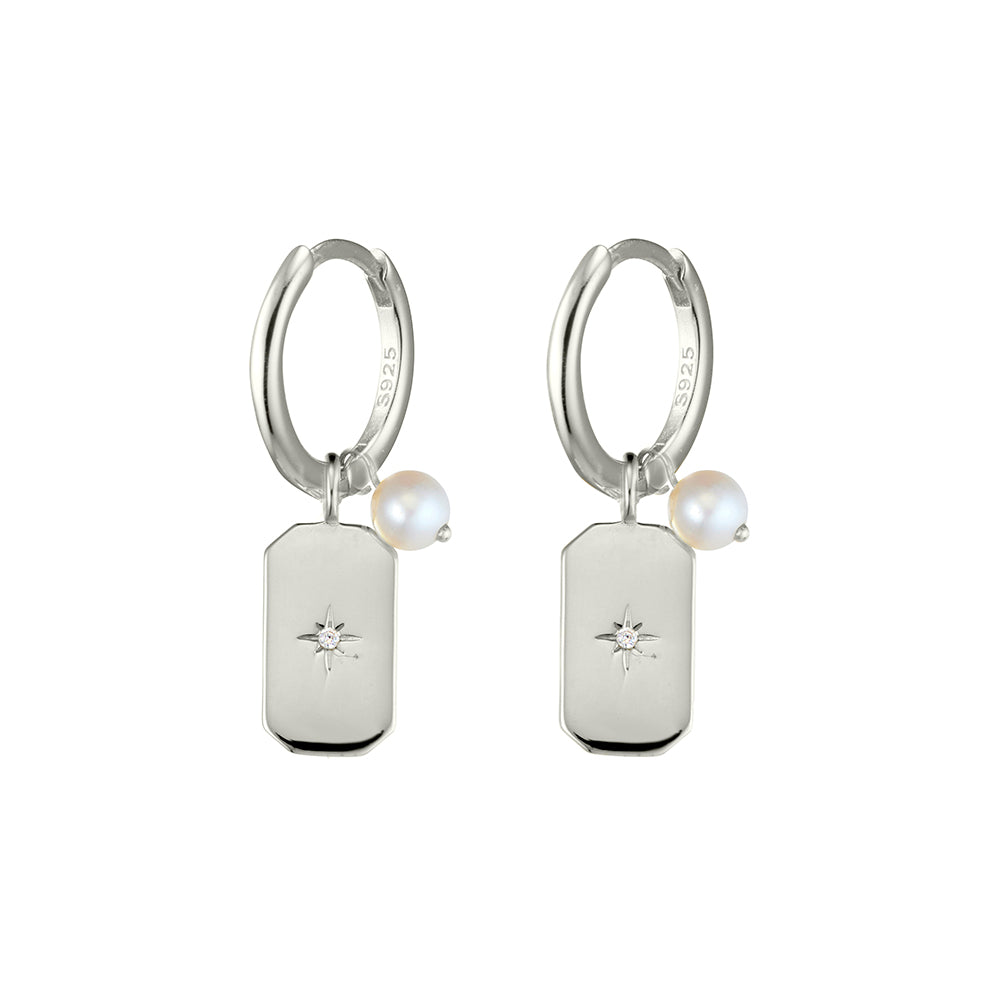 Sterling silver huggie earrings with North Star tag &amp; freshwater pearl