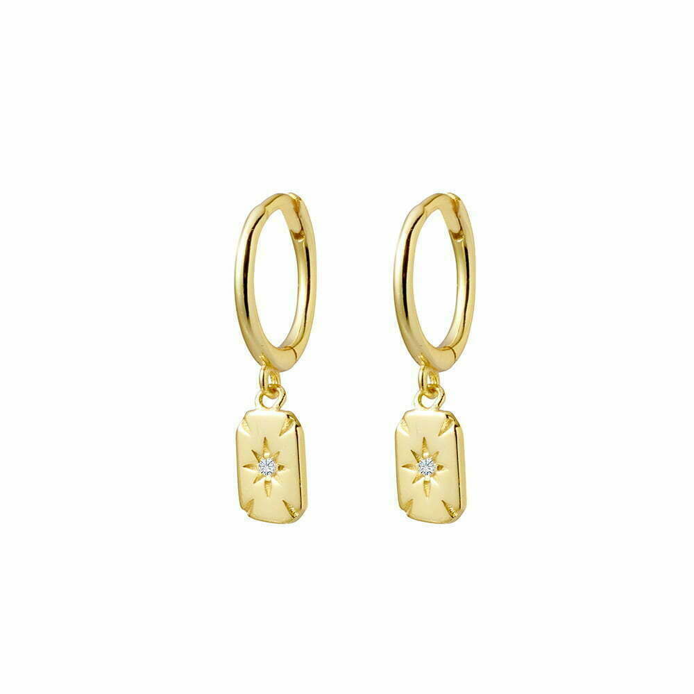 Sterling silver huggie earrings with petite tag featuring CZ North Star