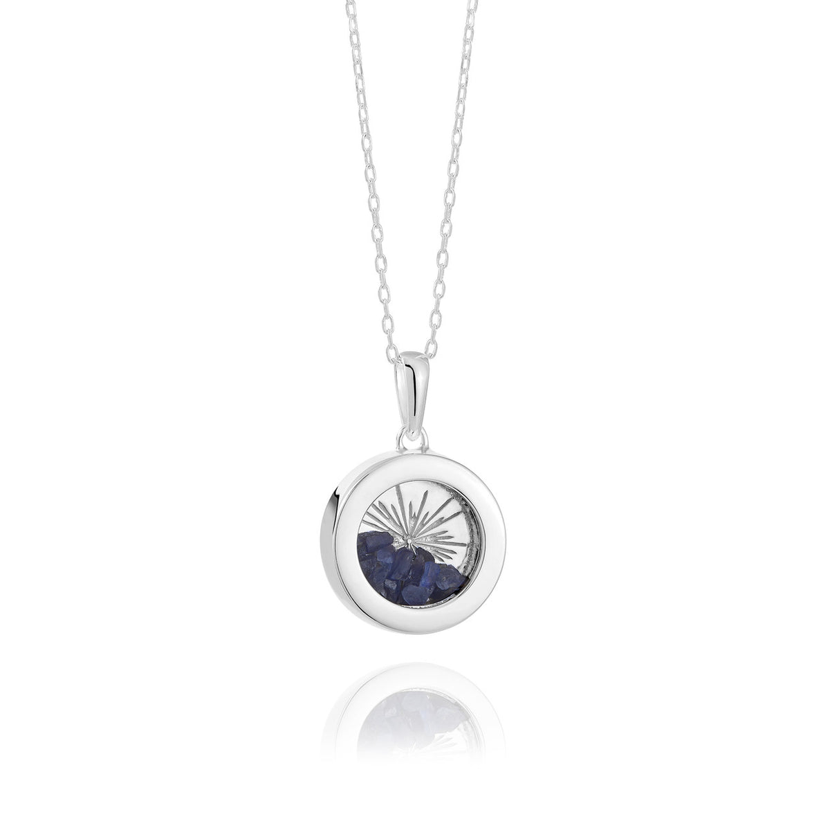 Rachel Jackson Small Deco Sun Amulet Birthstone Silver Necklace Blue Sapphire