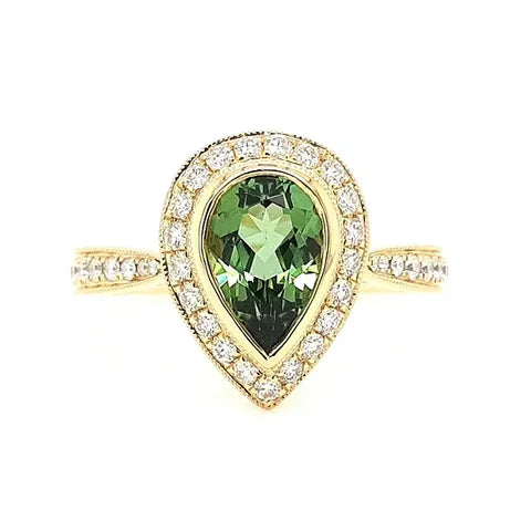 18K Yellow Gold Pear Green Tourmaline Ladies Ring