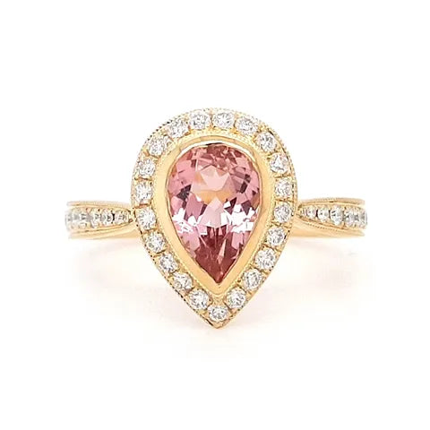 18K Yellow Gold Pear Pink Tourmaline Ladies Ring