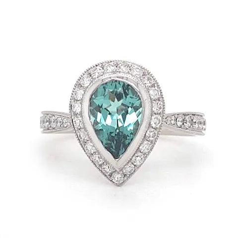 18K White Gold Pear Green Tourmaline Ladies Ring