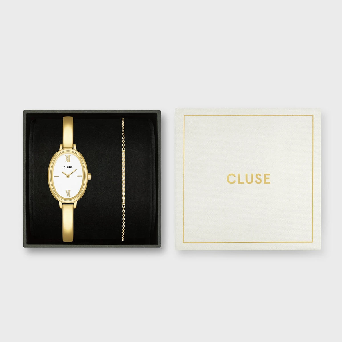 CLUSE L'Ovale Gold Watch & Chain CZ Bracelet Gift Set