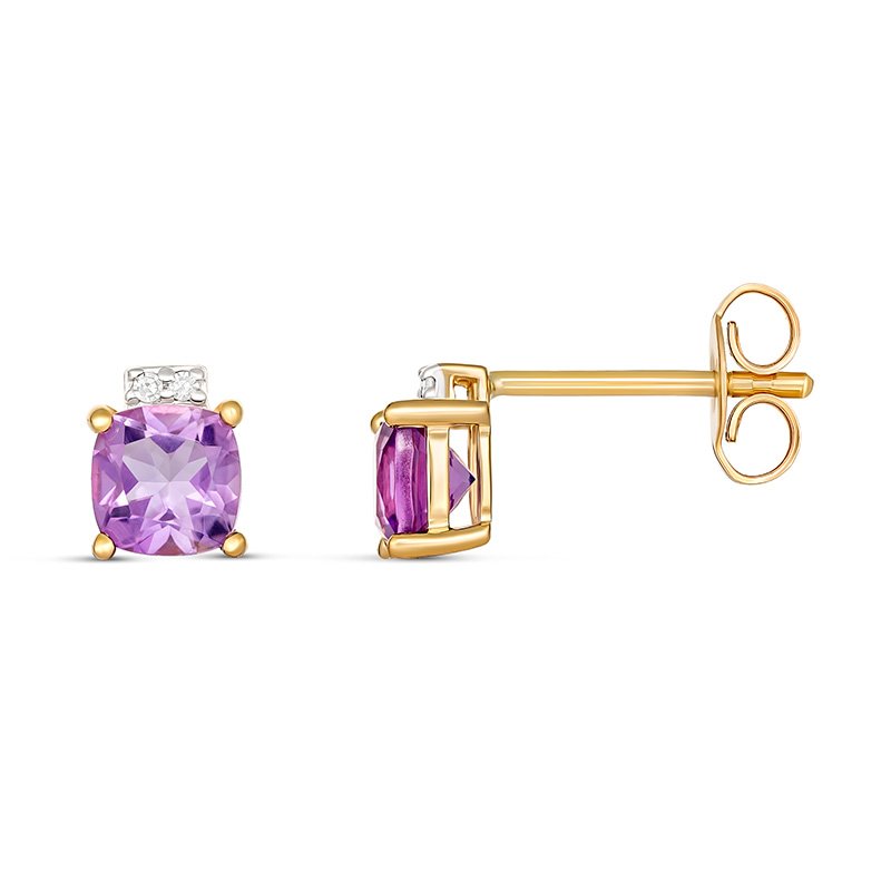 9K Yellow Gold Cushion Shaped Amethyst Earring Studs