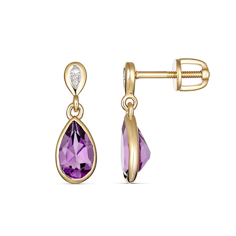 9K Yellow Gold Amethyst Drop Diamond Earrings
