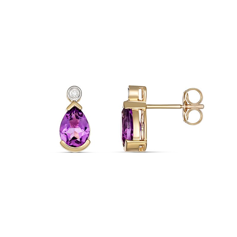 9K Yellow Gold Amethyst and Diamond Stud Earrings