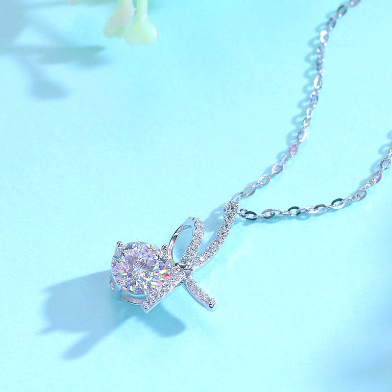 1 Carat Moissanite Diamond Ribbon Pendant Necklace 925 Sterling Silver XMFN8155
