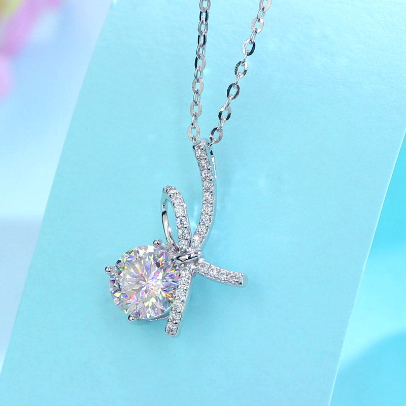 1 Carat Moissanite Diamond Ribbon Pendant Necklace 925 Sterling Silver XMFN8155