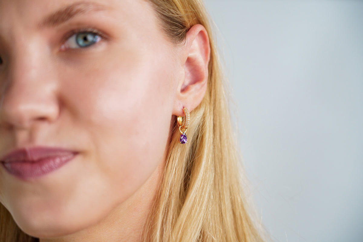 GEORGINI WISTERIA DUO PEAR EARRINGS AMETHYST CZ GOLD