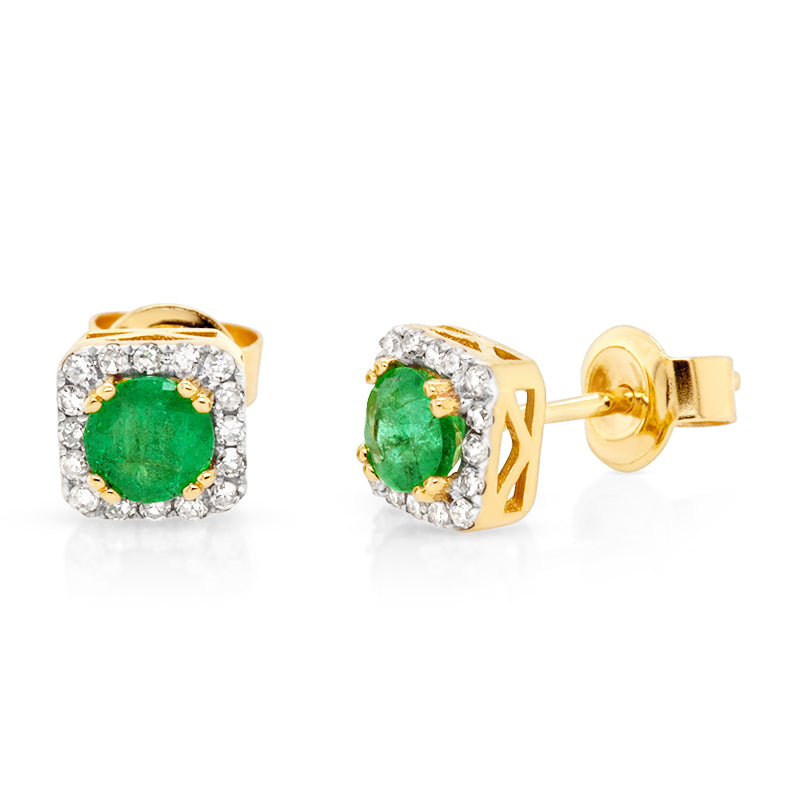 9ct Yellow Gold Emerald and Diamond Square Stud Earrings