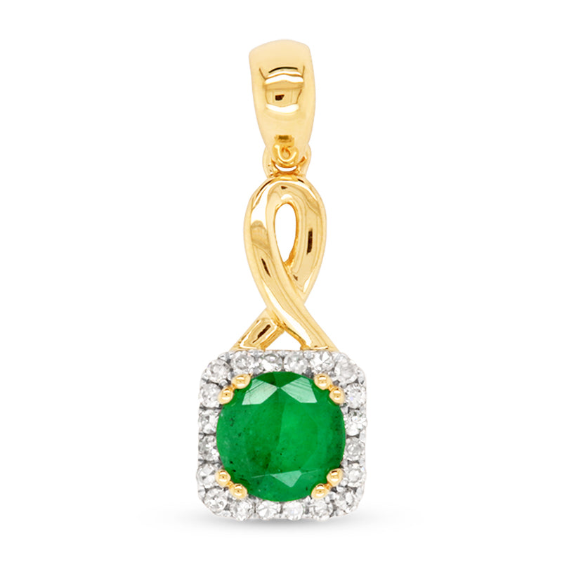 9ct Yellow Gold Square Pendant with Emerald and Diamonds
