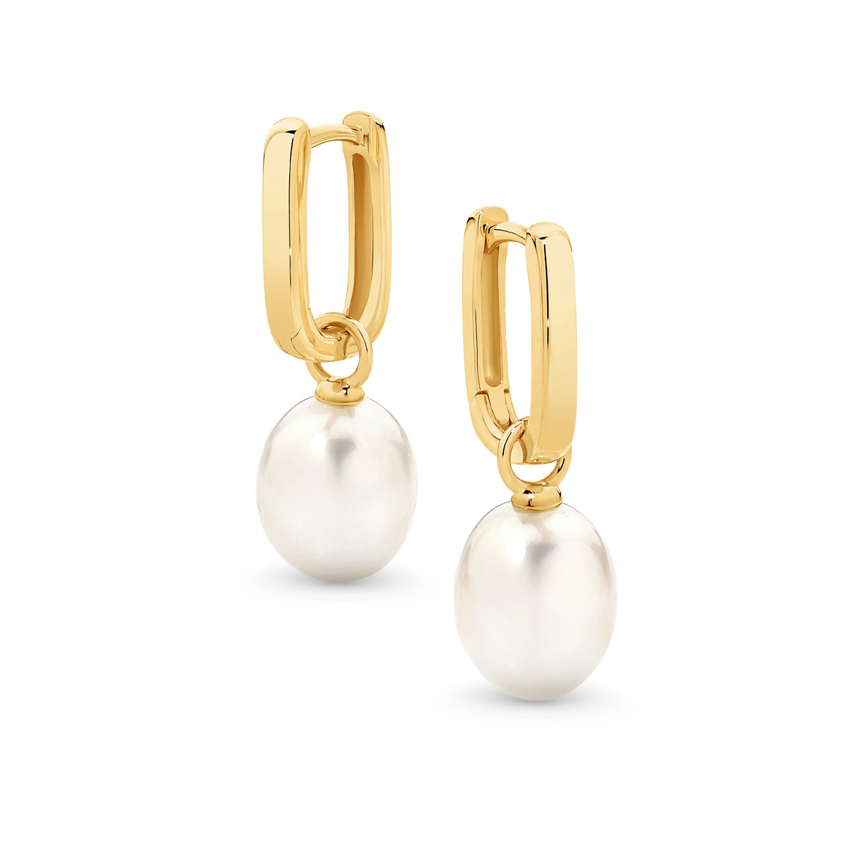 9K Rectangular Hoop Pearl Drop Earrings