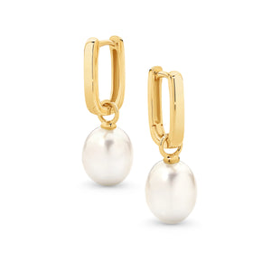 9K Rectangular Hoop Pearl Drop Earrings