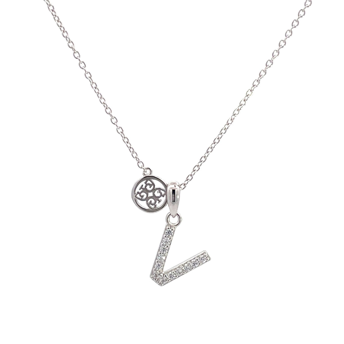 LUXURY LETTERS V INITIAL PENDANT SILVER