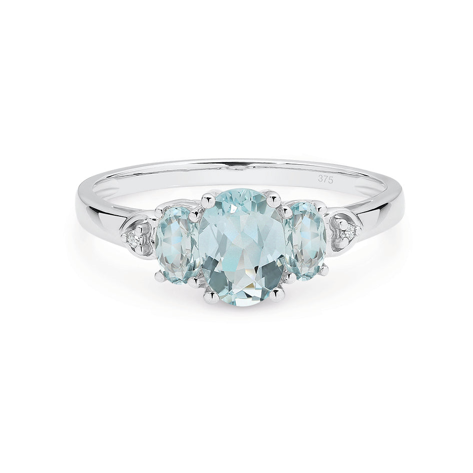 9K White Gold Trinity Aquamarine Diamond Ring