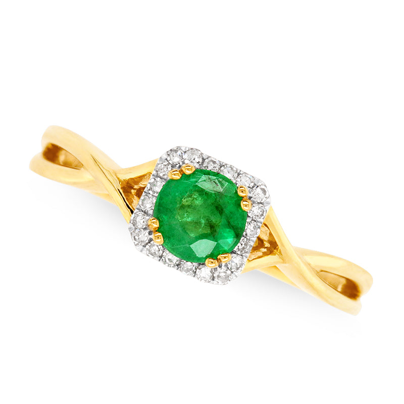 9ct Yellow Gold Oval Emerald Ring with Square Diamond Halo