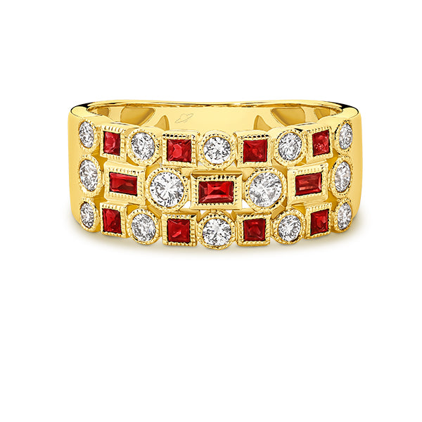 9K Ruby Row Bezel Set Wide Diamond Ring