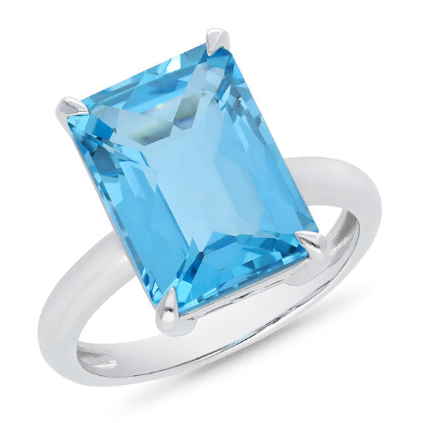 9K White Gold Blue Topaz Emerald Shape Ring