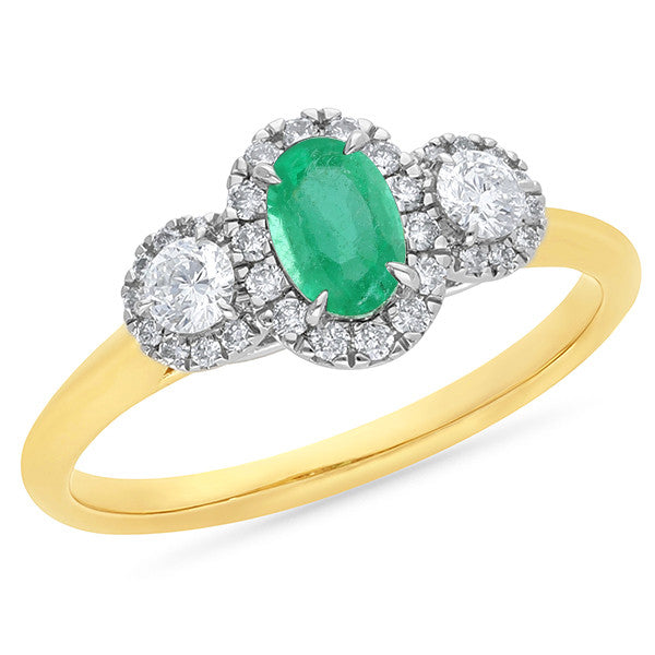 9K Yellow Gold Emerald Halo Diamond Ladies Ring