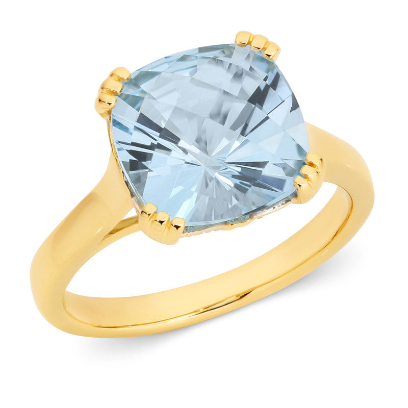 9K Gold Blue Topaz Cushion Cut Ring