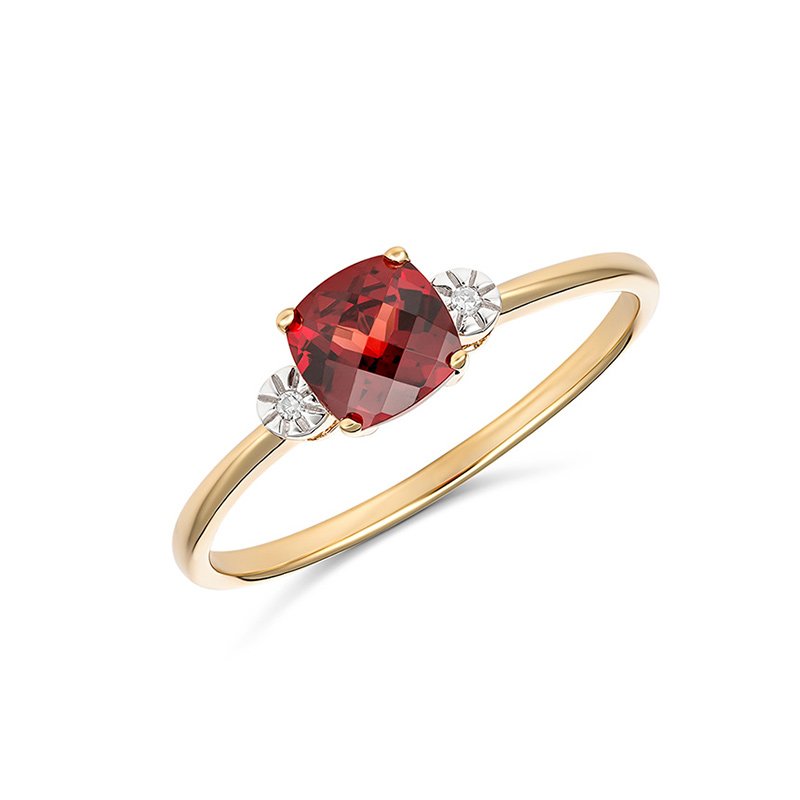 9K Yellow Gold Square Garnet & Diamond Ladies Ring