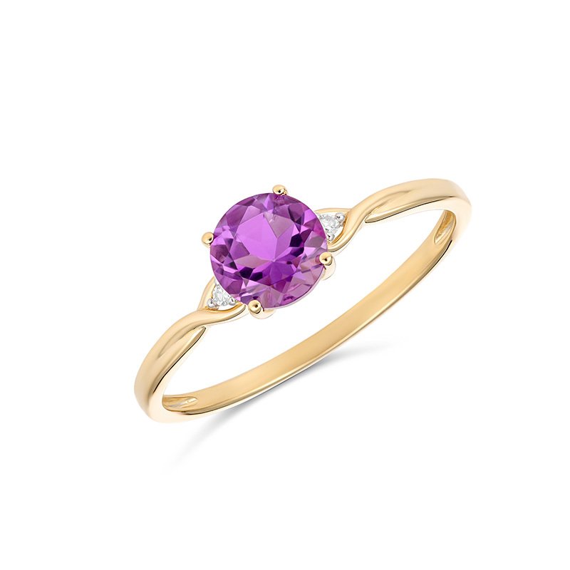 9K Yellow Gold Amethyst &amp; Diamond Ladies Ring