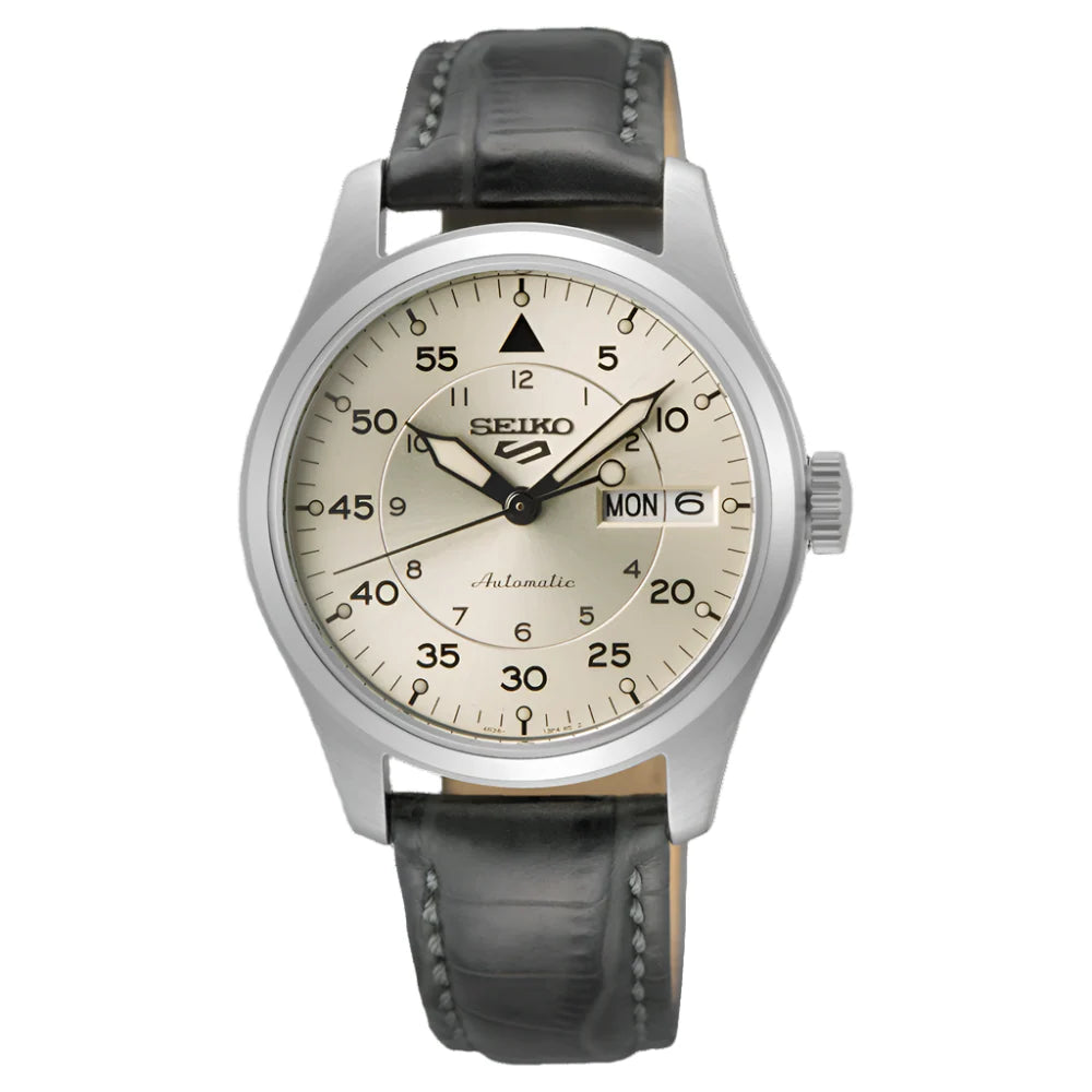 SEIKO 5 Sports Beige Dial Black Leather Strap SRPJ87K